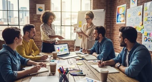 The Userex team working on designs around a meeting table