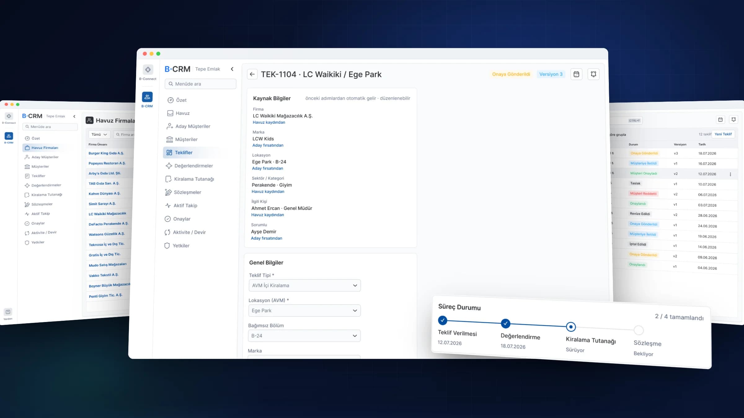 The deal chain: pool companies, the offer form and the offer list, with the deal's progress in front
