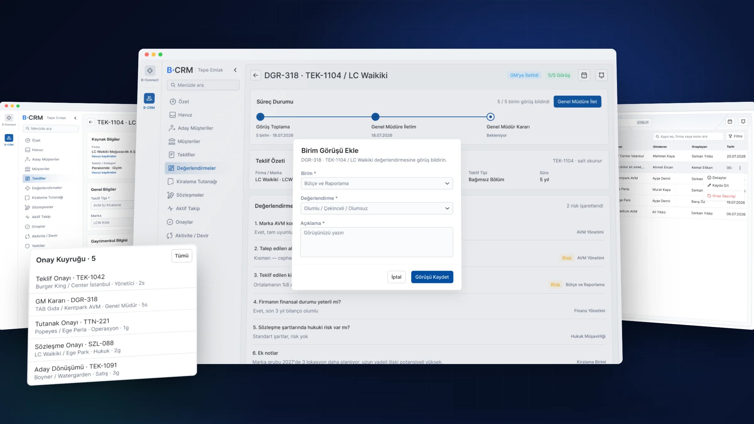Reviews: offer detail, adding a department's view and approvals, with the approval queue in front
