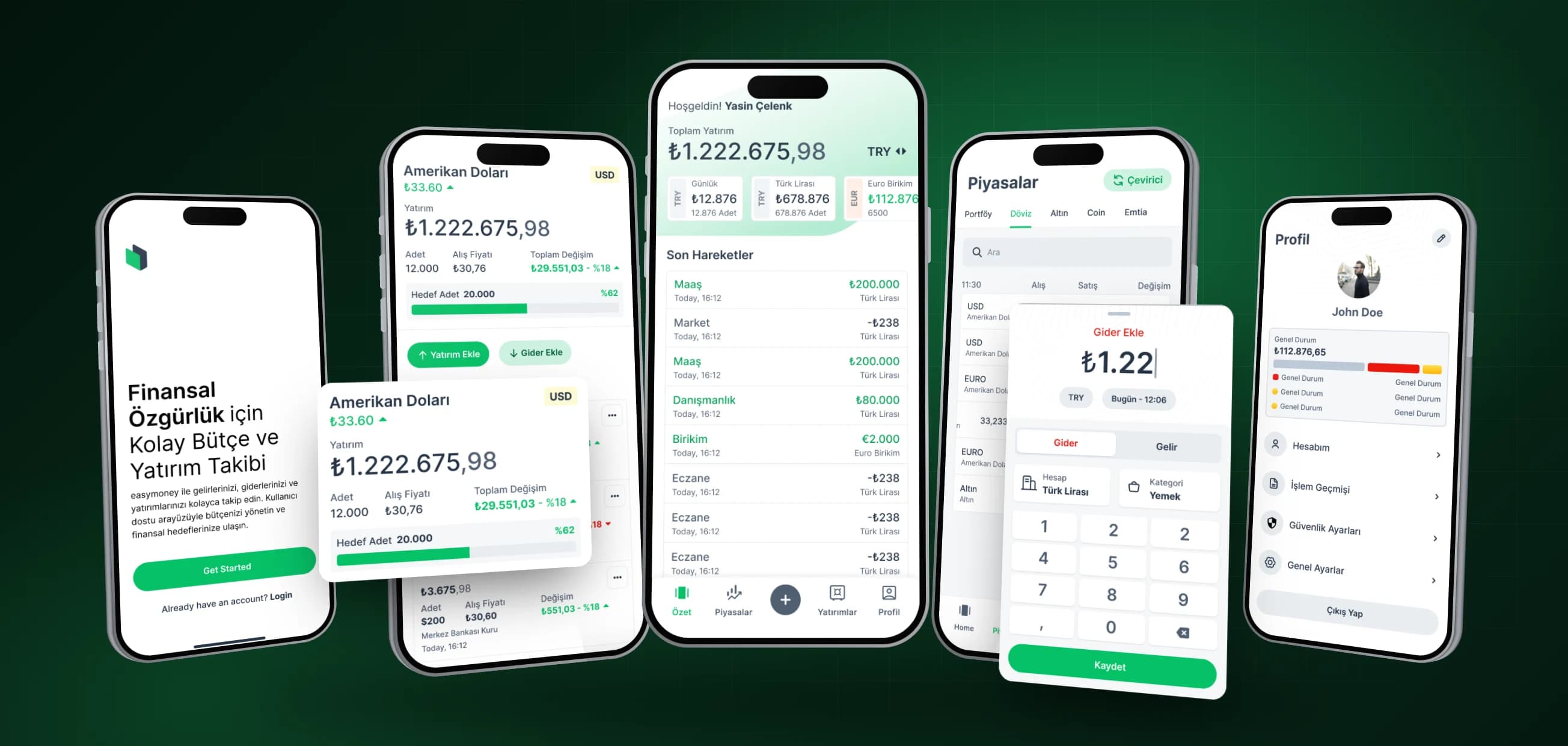 Easymoney karşılama, yatırım detayı, ana sayfa, piyasalar ve profil ekranları; önde yatırım hedefi ve gider tuş takımı