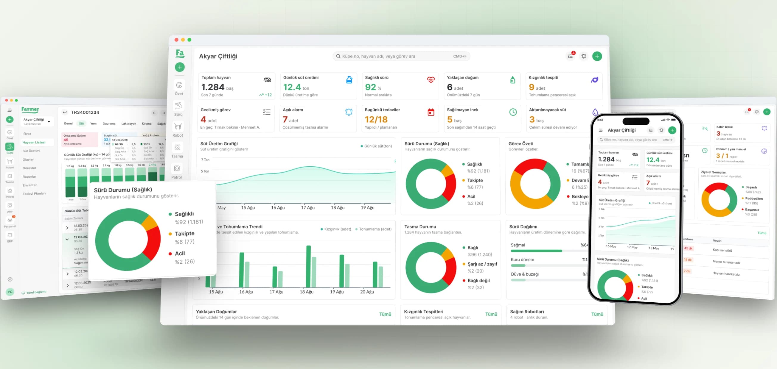 The Farmer overview between a cow's milk records and the milking robot dashboard, with herd health in front and the overview on a phone
