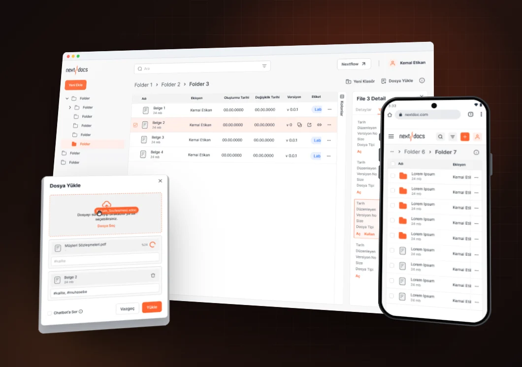 Next Docs dosya detayı, sürükle-bırak yükleme ve yetki ekranları; telefonda dosya listesi