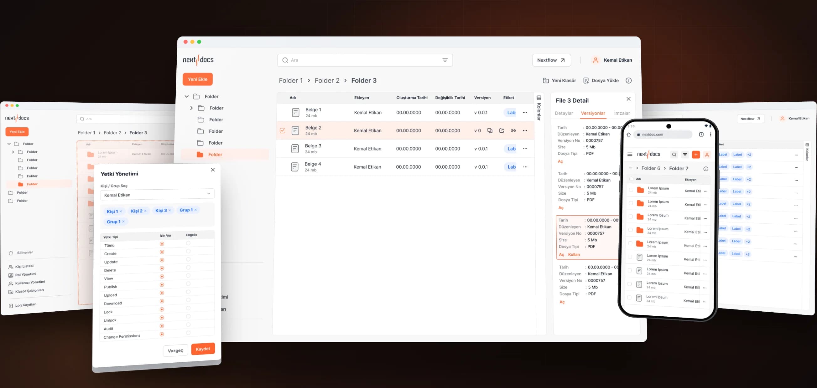 Next Docs file detail with version history, drag-and-drop upload and search, the permission dialog and the file list on a phone