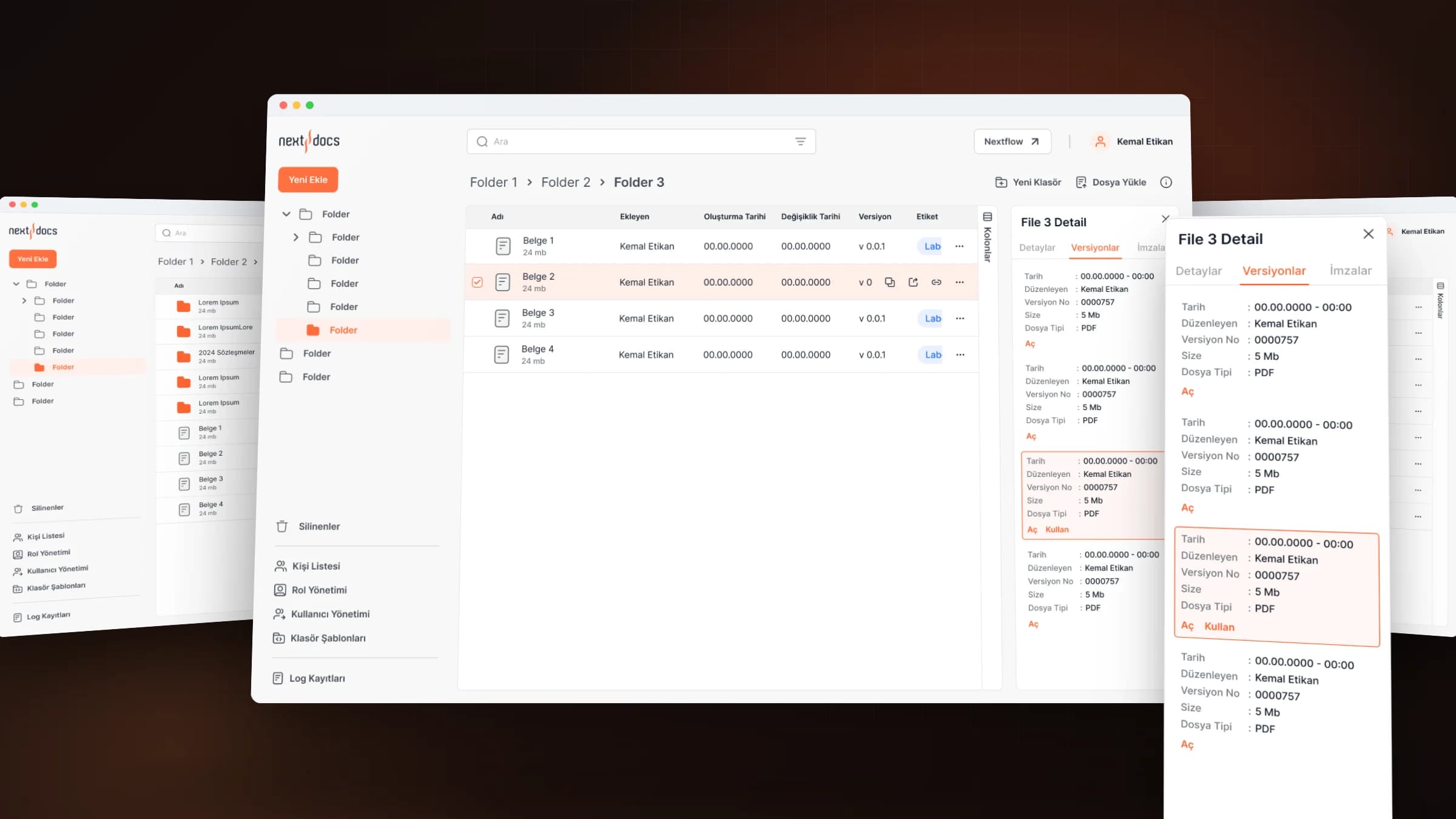 Files and folders: the file list, file detail and search, with the version history in front