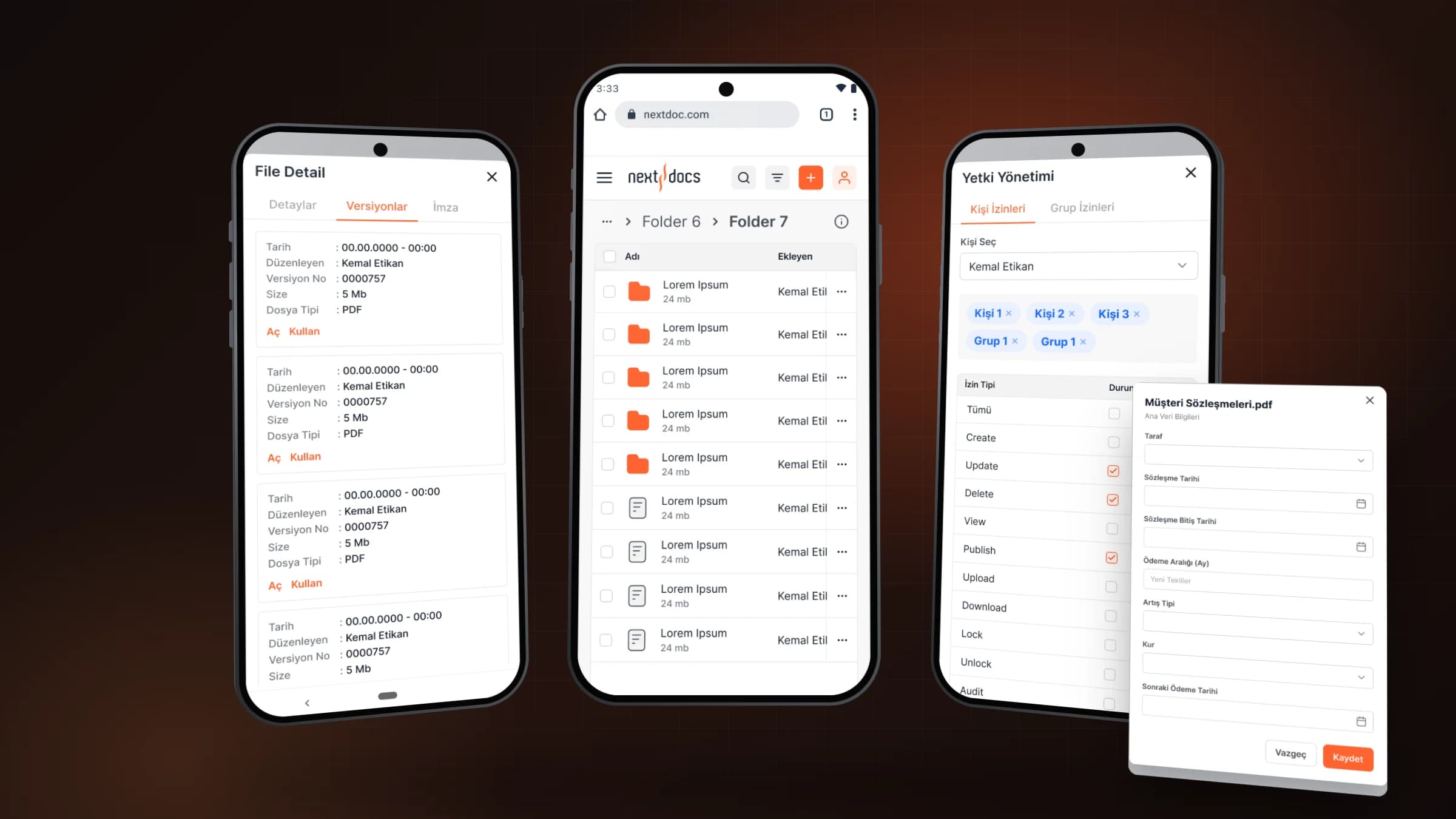 Mobile web: versions, the file list and permissions, with a file's key data in front