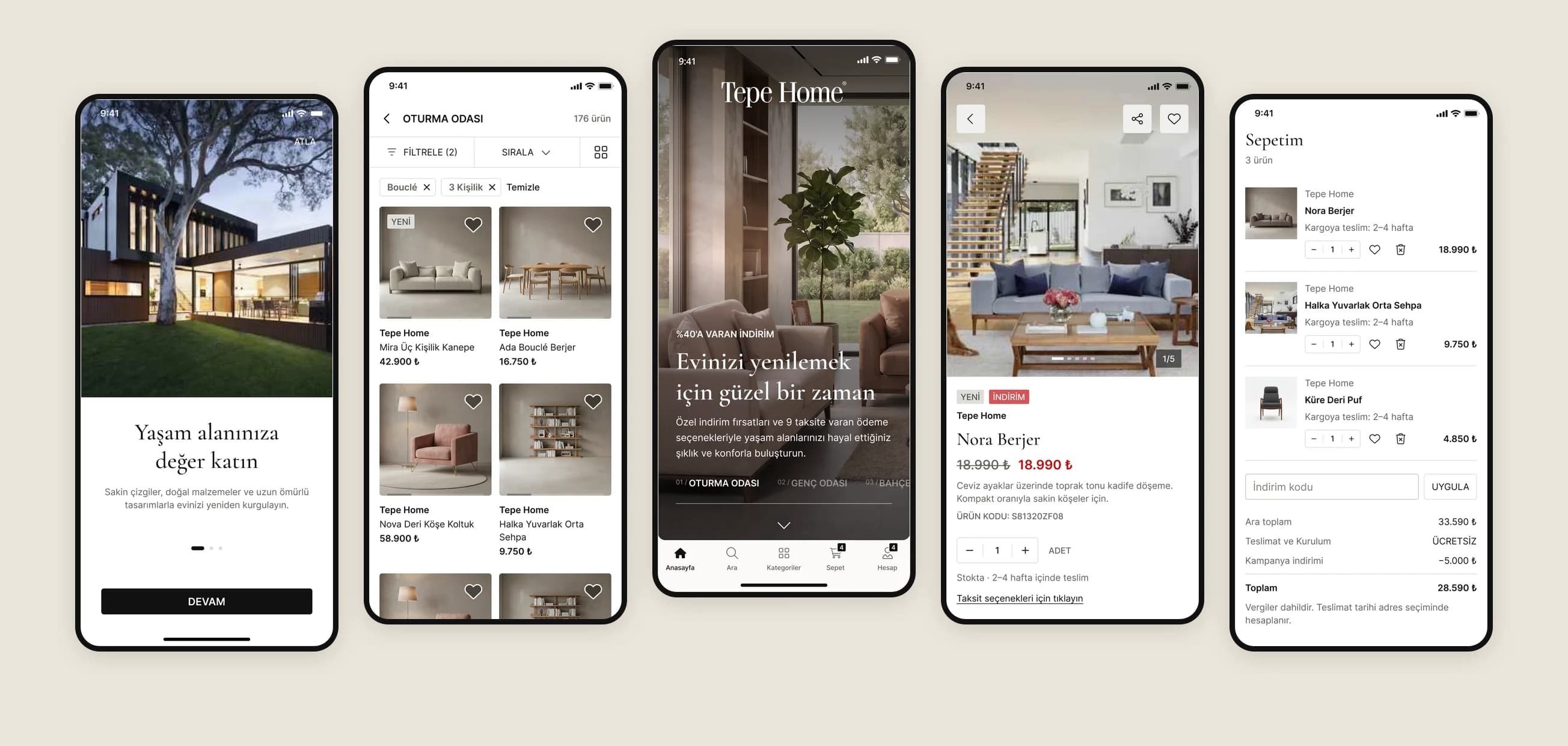 Onboarding, category, home, product and basket screens of the Tepe Home app
