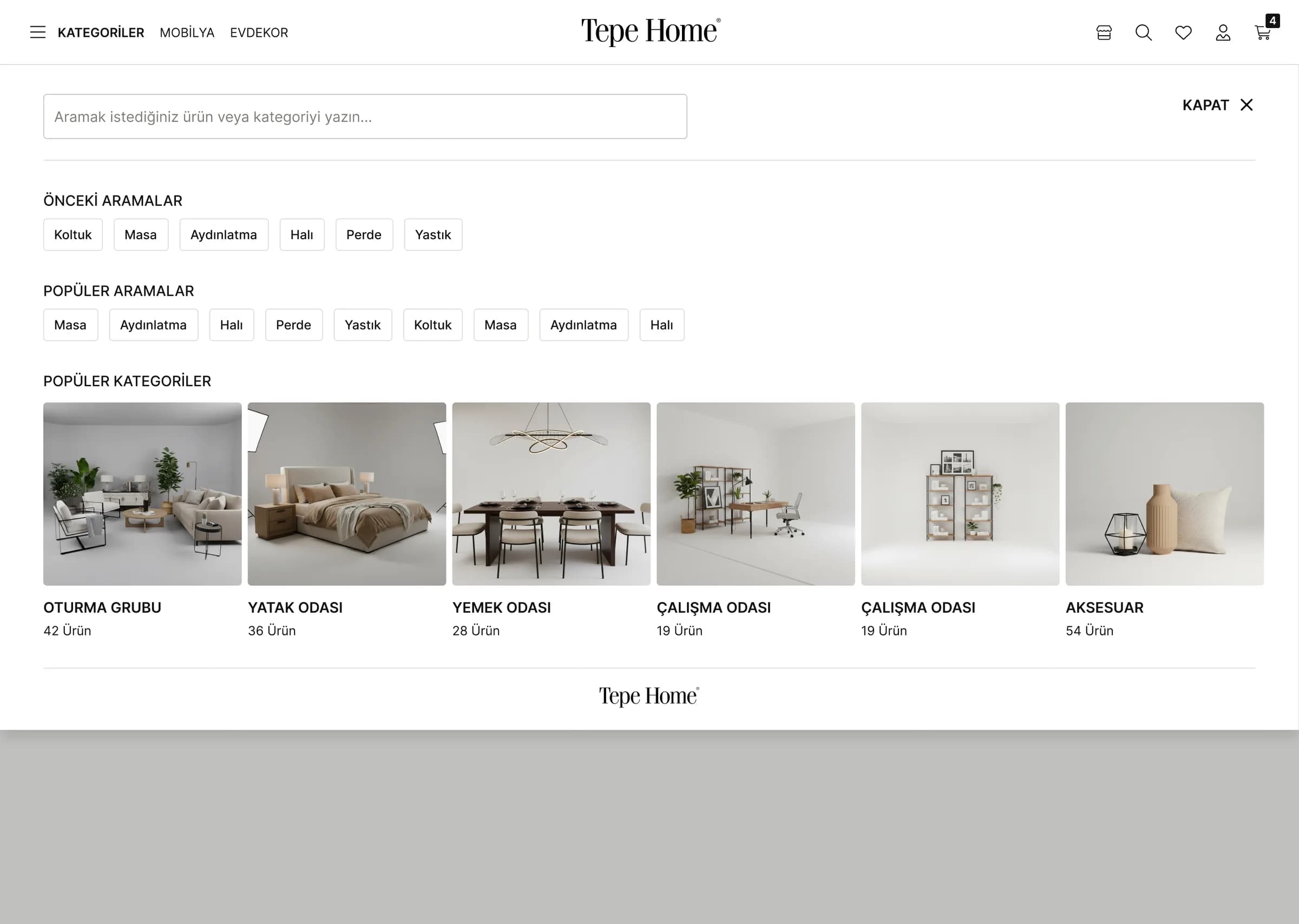Search panel with recent and popular searches and popular categories