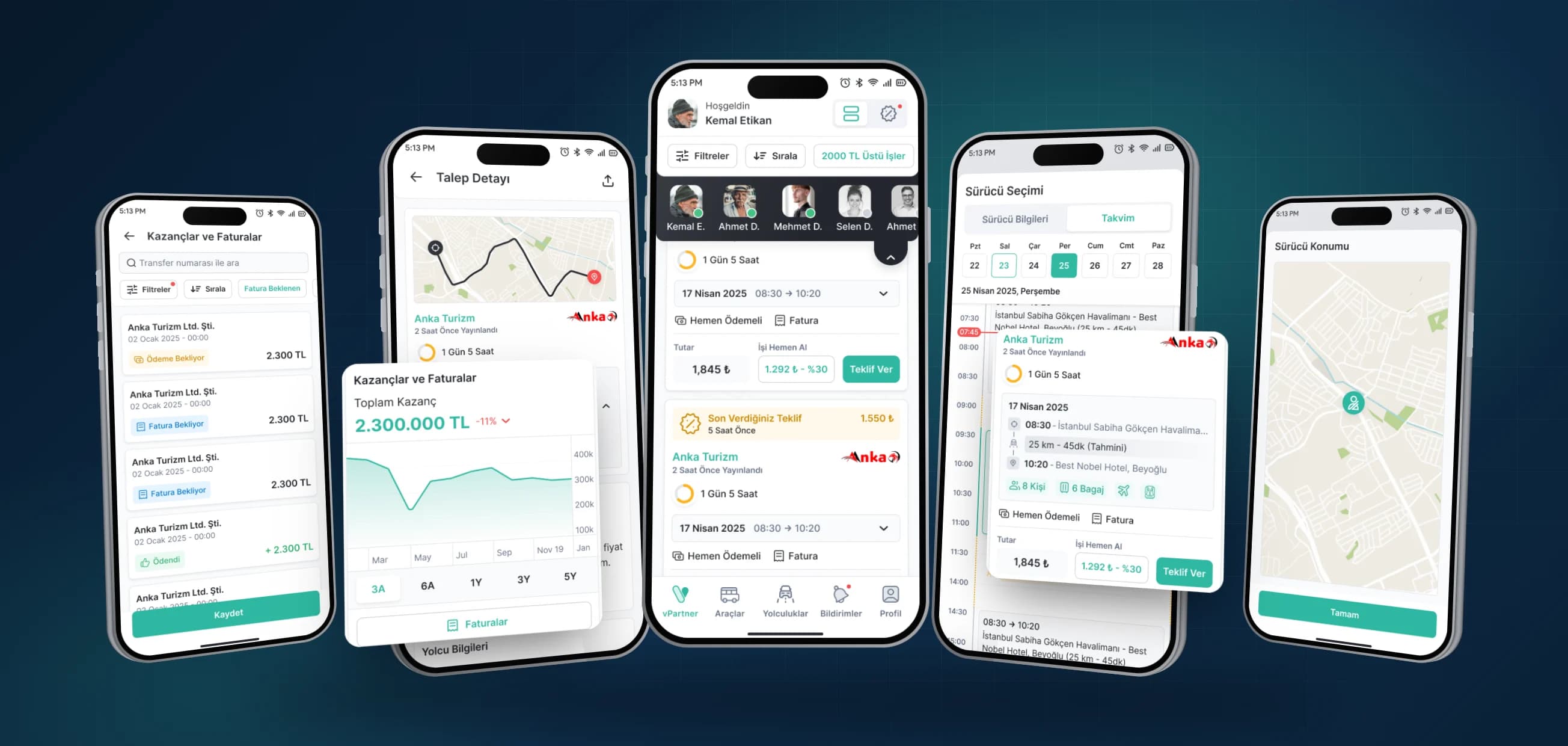 Earnings, request, home, driver calendar and driver location screens of the Vita Partner app