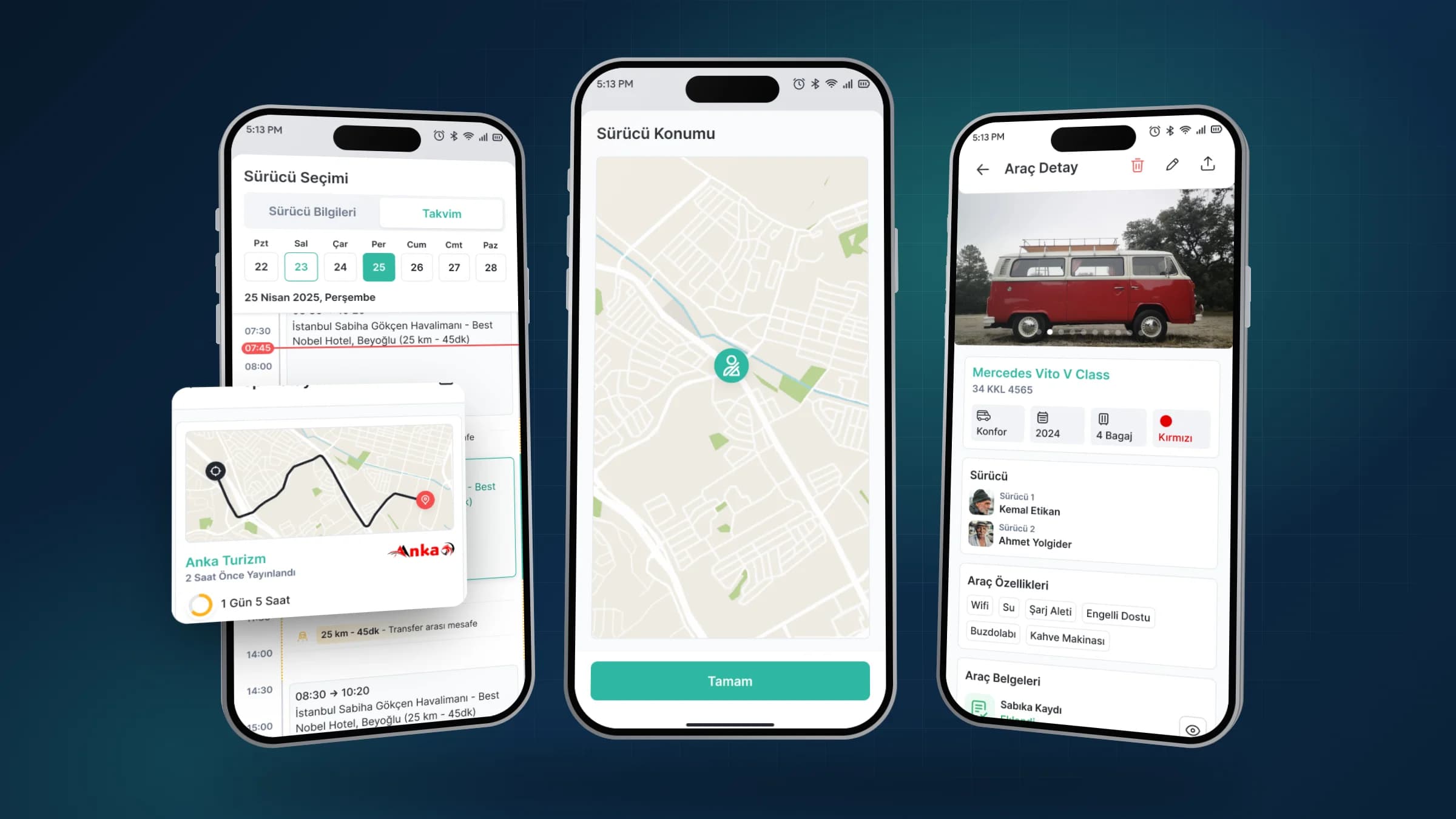 Assigning a job: driver calendar, driver location and vehicle detail